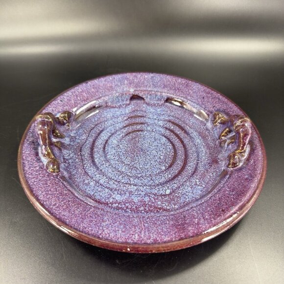 Hand Made Vintage Pottery Dish Tray With Handles Purple Drip Glaze Artist Signed - Picture 12 of 15